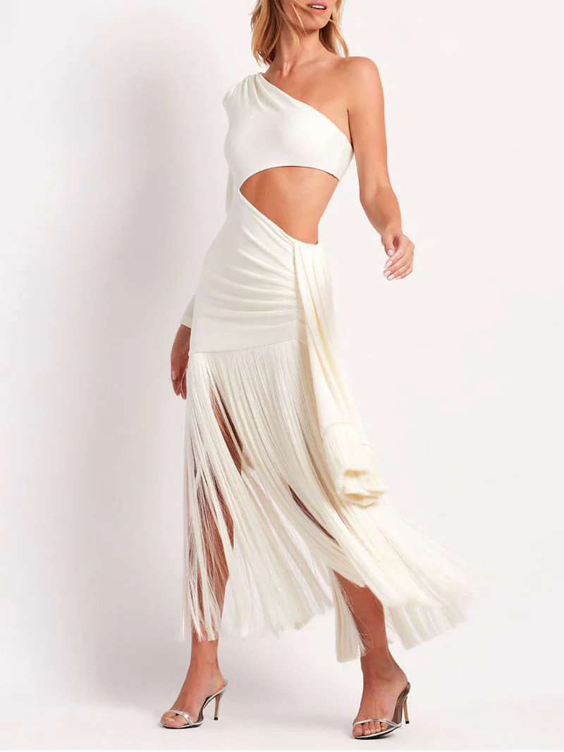 Avelynia One-Shoulder Fringe Cutout Dress – Ivory Elegance