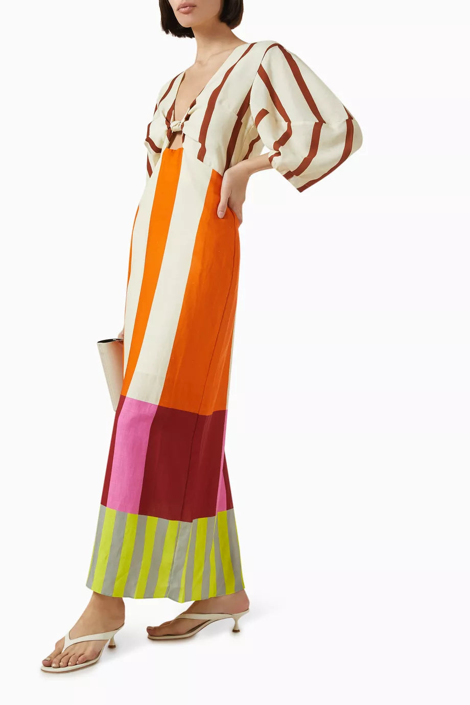 Bold Multi-Stripe Tie Front Midi Dress