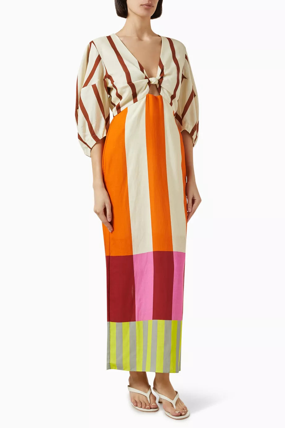 Bold Multi-Stripe Tie Front Midi Dress