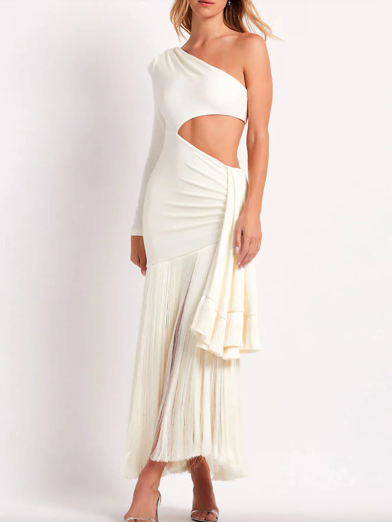 Avelynia One-Shoulder Fringe Cutout Dress – Ivory Elegance