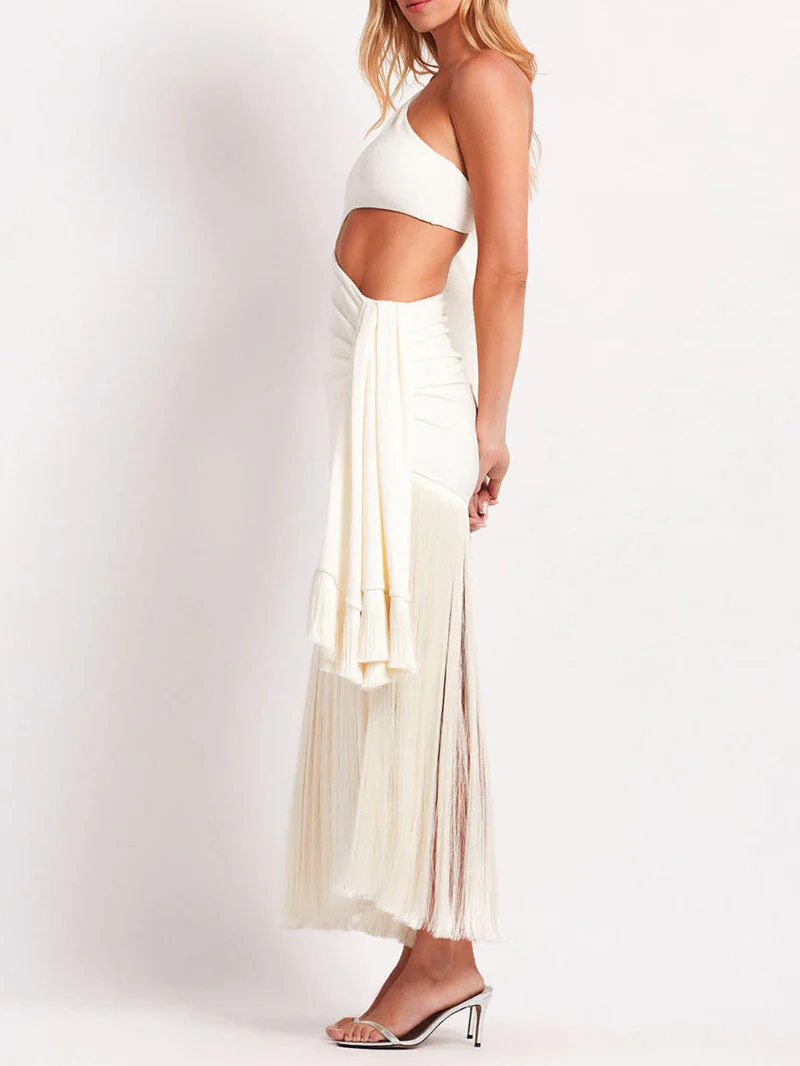 Avelynia One-Shoulder Fringe Cutout Dress – Ivory Elegance