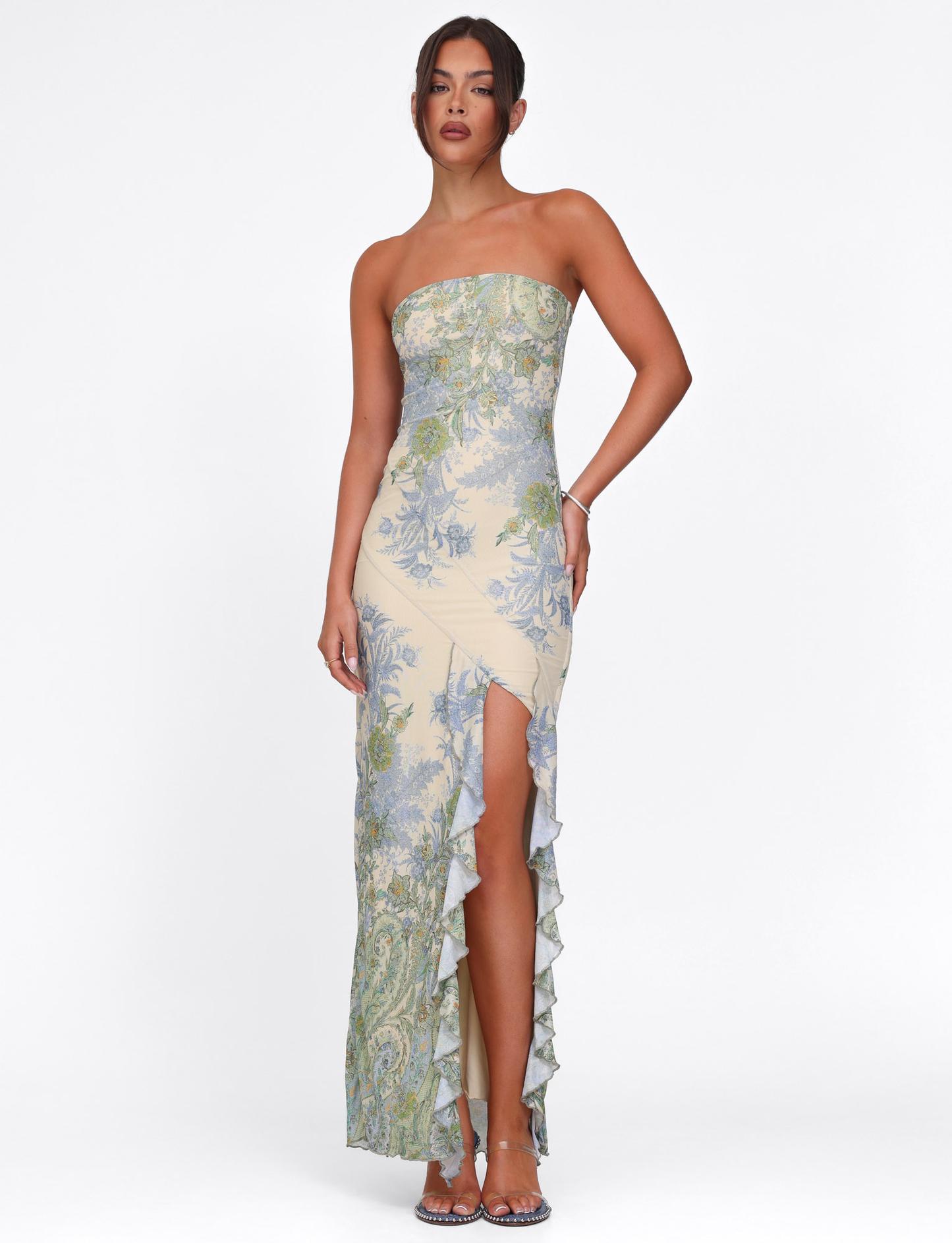 Avelynia Floral Strapless Maxi Dress – Elegant Split Hem Summer Gown