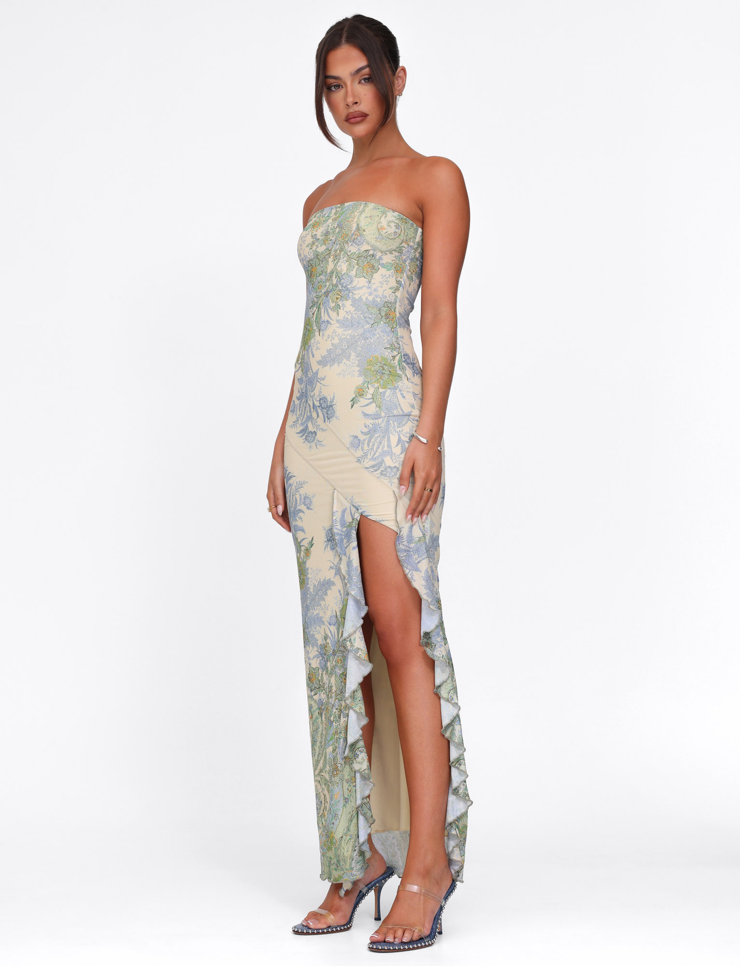Avelynia Floral Strapless Maxi Dress – Elegant Split Hem Summer Gown