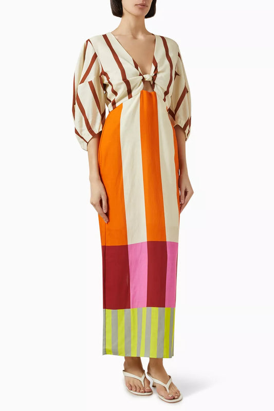 Bold Multi-Stripe Tie Front Midi Dress