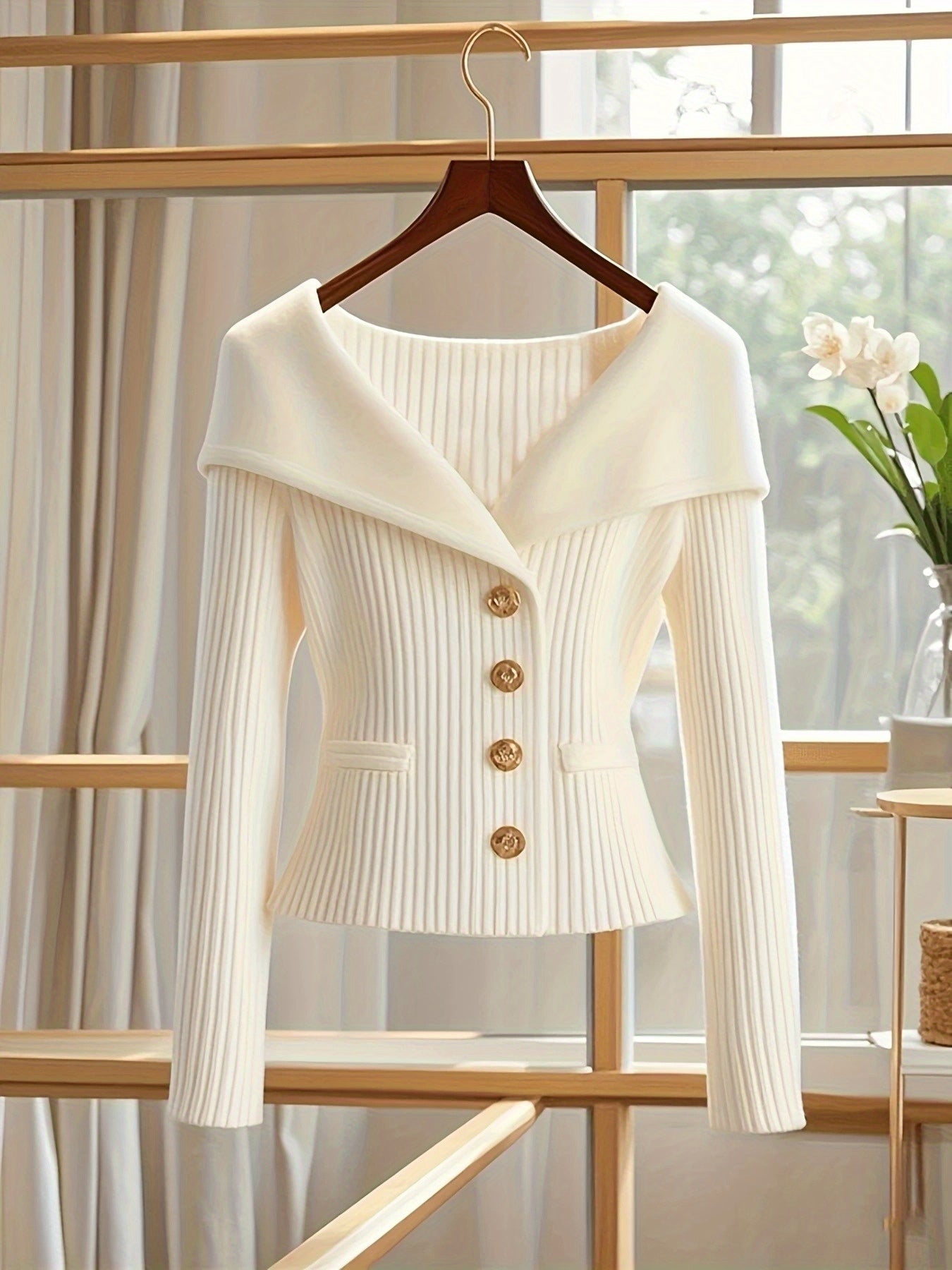 Elegante witte trui-jack voor dames - Chic V-hals, lange mouw, knoopontwerp met geribbelde details, stretchstof, perfect voor casual of formele gelegenheden