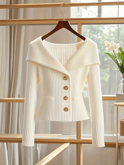 Elegante witte trui-jack voor dames - Chic V-hals, lange mouw, knoopontwerp met geribbelde details, stretchstof, perfect voor casual of formele gelegenheden