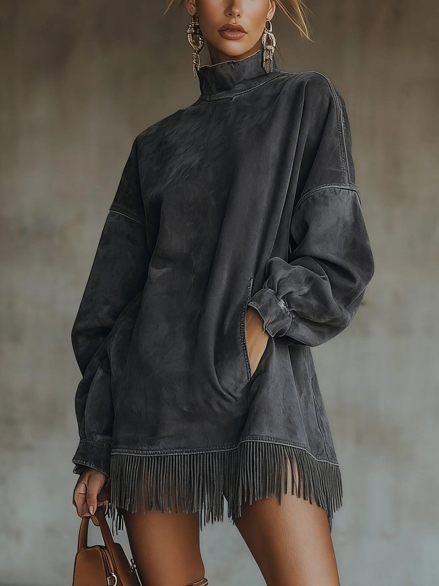 Darcie | Suede Fringe Turtleneck Dress