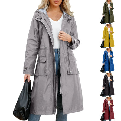 Women's Chic Hooded Long Sleeved Solid Color Trench Coat With Striped And Straight Tube Jacket Elegant British Style Windbreake
