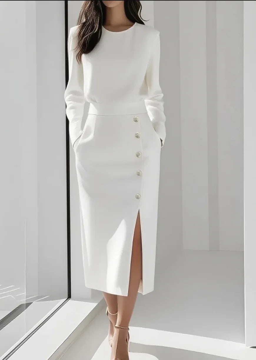 Women's  Solid Color Long Sleeves Elegant Midi Dress with Button Details and Side Slit - Crew Neck