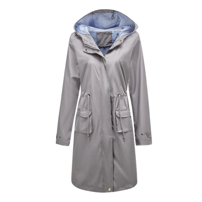 Women's Chic Hooded Long Sleeved Solid Color Trench Coat With Striped And Straight Tube Jacket Elegant British Style Windbreake