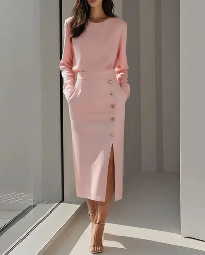 Women's  Solid Color Long Sleeves Elegant Midi Dress with Button Details and Side Slit - Crew Neck