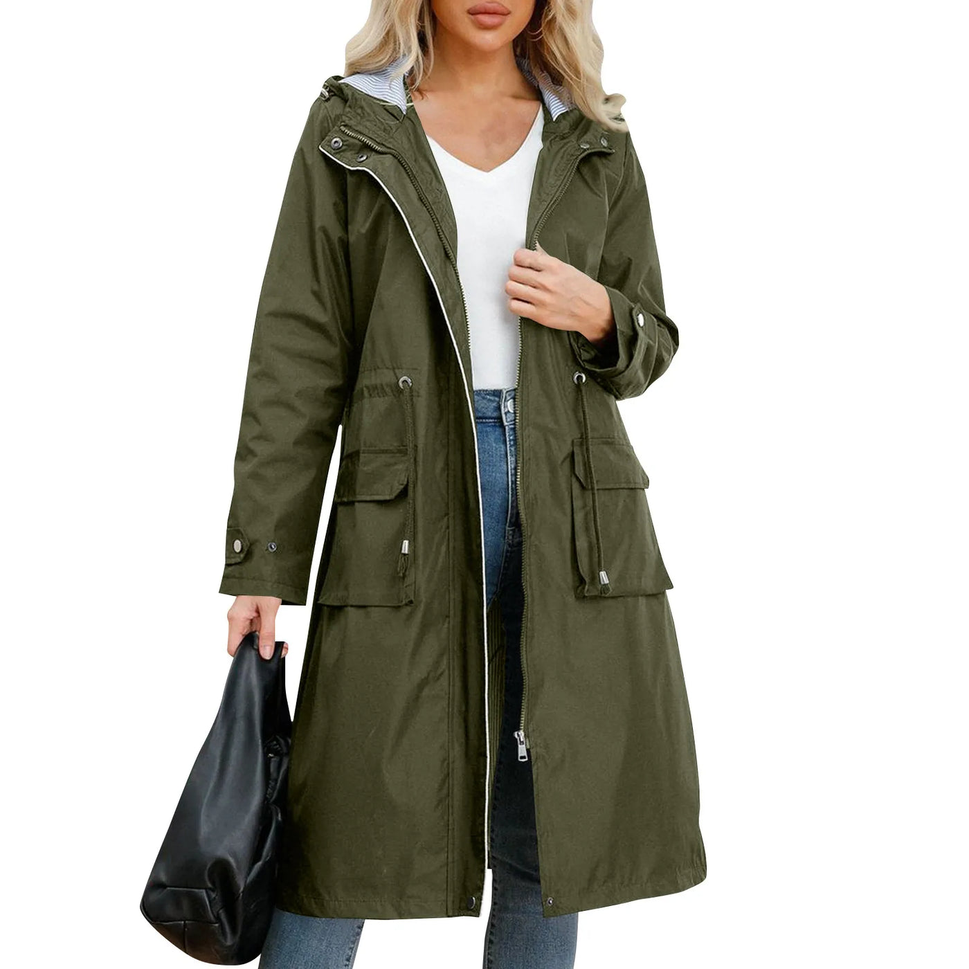 Women's Chic Hooded Long Sleeved Solid Color Trench Coat With Striped And Straight Tube Jacket Elegant British Style Windbreake
