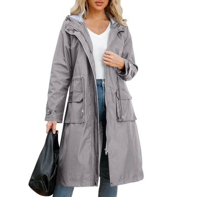 Women's Chic Hooded Long Sleeved Solid Color Trench Coat With Striped And Straight Tube Jacket Elegant British Style Windbreake