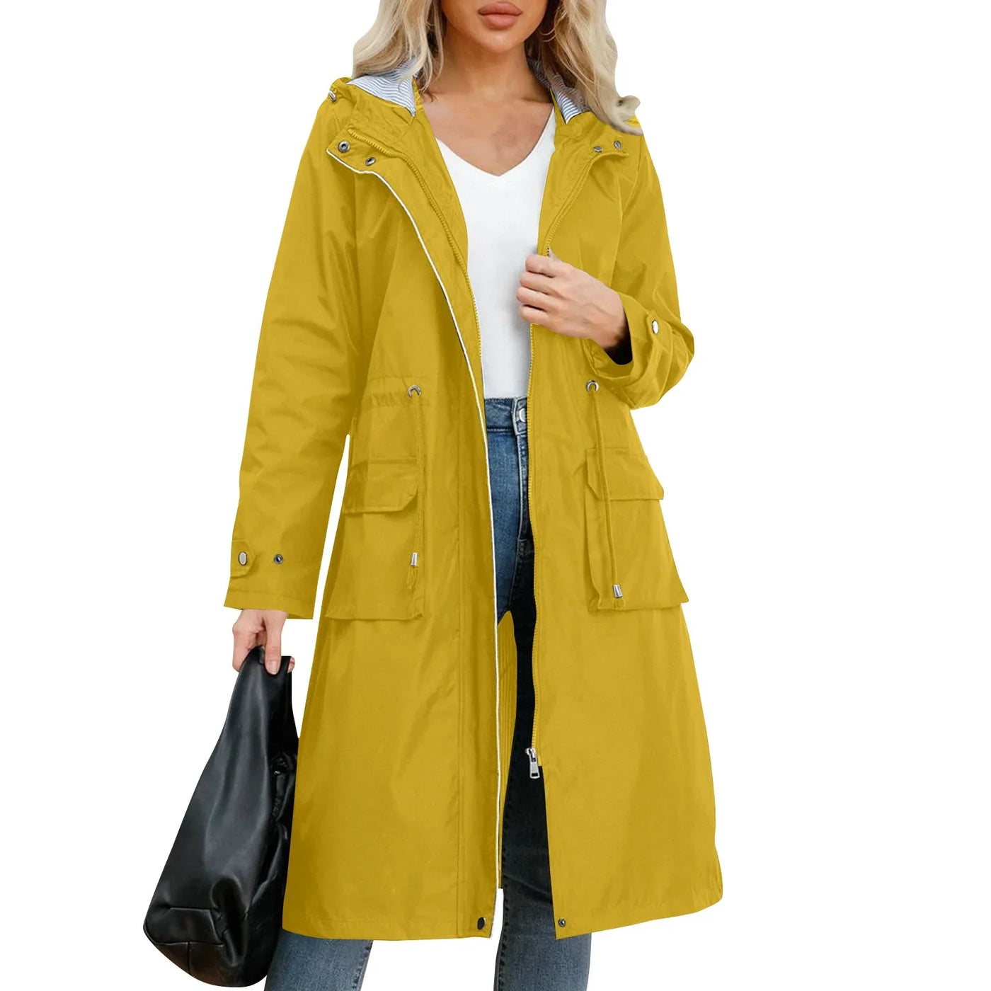Women's Chic Hooded Long Sleeved Solid Color Trench Coat With Striped And Straight Tube Jacket Elegant British Style Windbreake