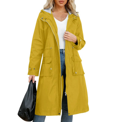 Women's Chic Hooded Long Sleeved Solid Color Trench Coat With Striped And Straight Tube Jacket Elegant British Style Windbreake