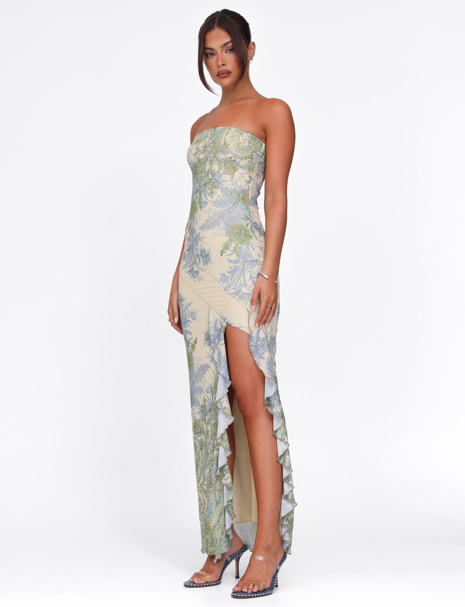 Avelynia Floral Strapless Maxi Dress – Elegant Split Hem Summer Gown