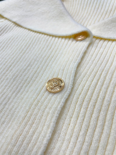 Elegante witte trui-jack voor dames - Chic V-hals, lange mouw, knoopontwerp met geribbelde details, stretchstof, perfect voor casual of formele gelegenheden